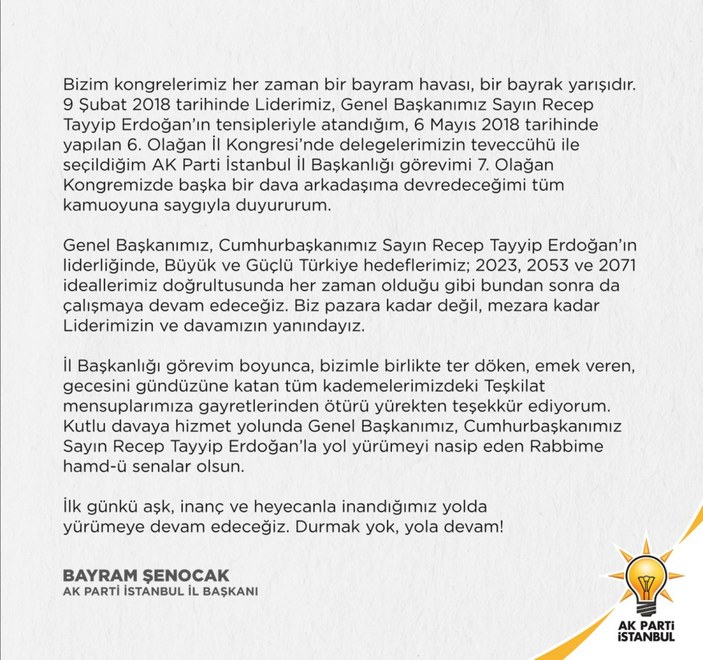 AK Parti İstanbul İl Başkanı Şenocak kongrede aday olmayacağını duyurdu