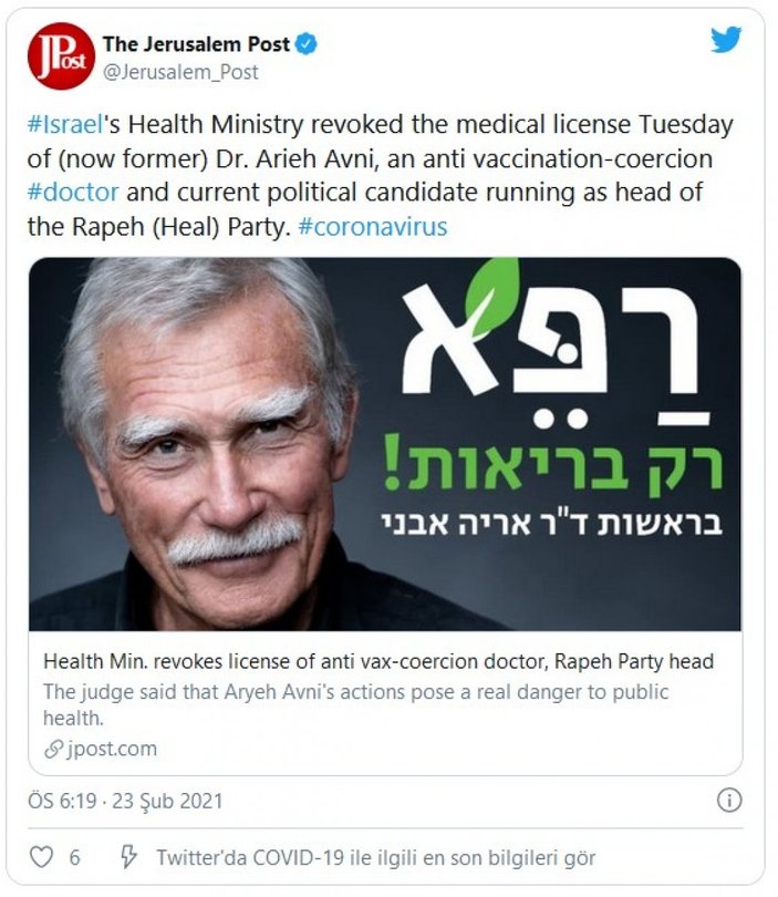İsrail'de koronavirüs hakkında yanlış bilgi veren doktorun lisansı iptal edildi
