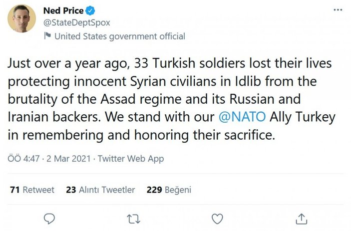 ABD Dışişleri: İdlib'de hayatını kaybeden 33 Türk askerini anıyoruz