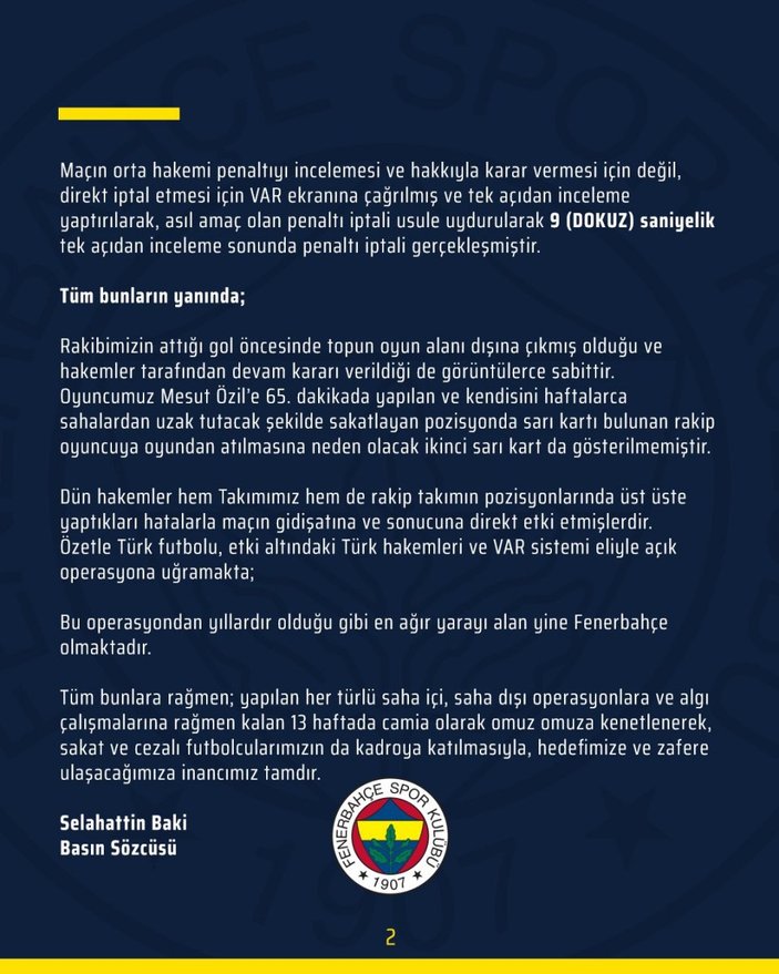 Fenerbahçe'den Antalyaspor maçı hakemine tepki