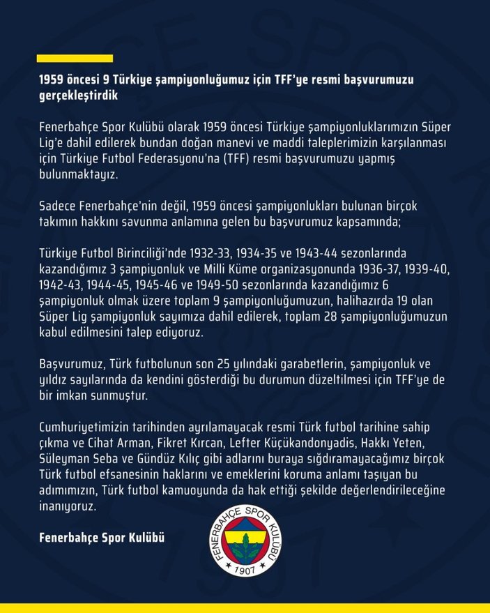 Fenerbahçe 28 şampiyonluk için TFF'ye başvuru yaptı