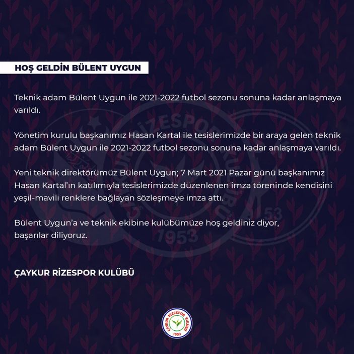 Rizespor, Bülent Uygun'u resmen açıkladı