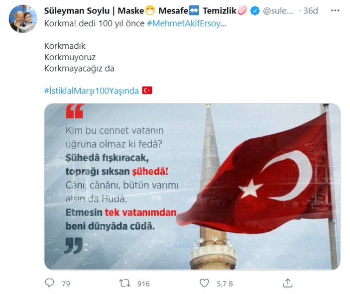 Süleyman Soylu'dan İstiklal Marşı'nın 100'üncü yılı paylaşımı