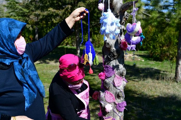 Kuru ağaçlar örgü ile kaplandı