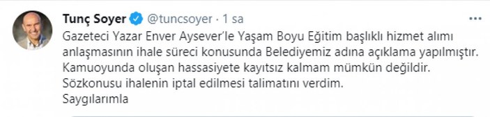 İzmir Büyükşehir Belediyesi, Enver Aysever'in ihalesini iptal etti