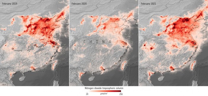 Normalleşmenin ardından hava kirliliğinin arttığını gösteren uydu görüntüsü