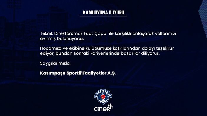 Kasımpaşa, Fuat Çapa ile yollarını ayırdı