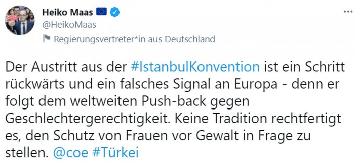Almanya, Türkiye'nin İstanbul Sözleşmesi'nden çekilmesini değerlendirdi