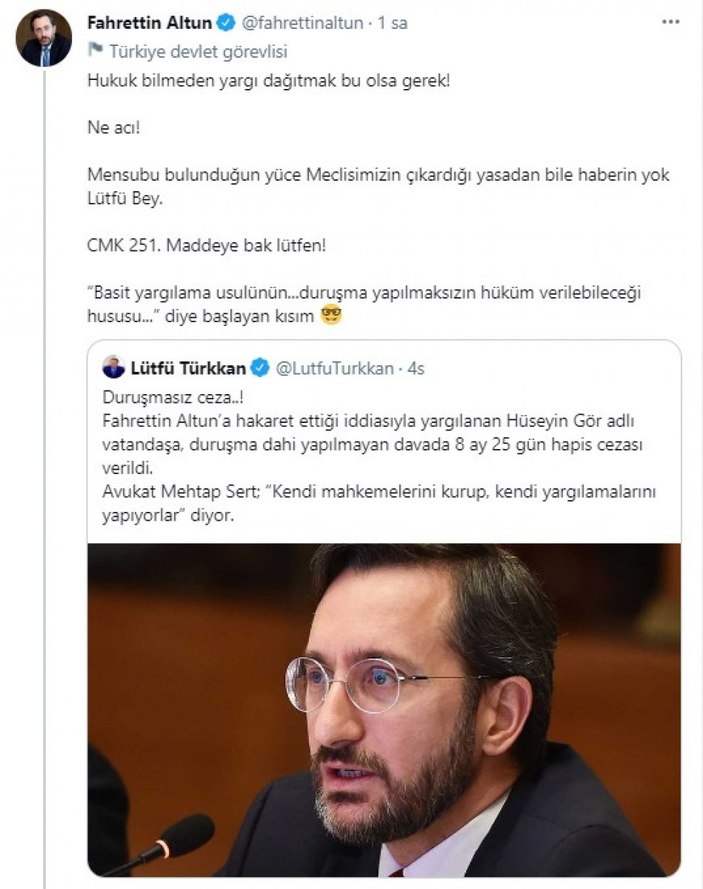 Fahrettin Altun'dan Lütfü Türkkan'a hukuk dersi