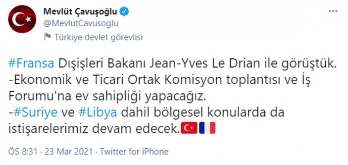Mevlüt Çavuşoğlu, Fransız mevkidaşıyla görüştü