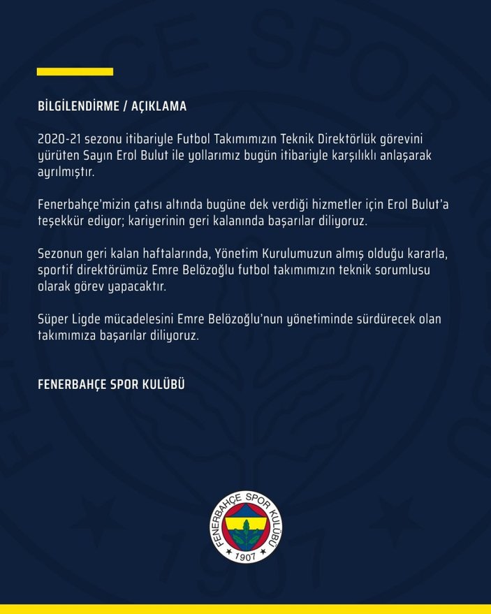 Fenerbahçe'de Erol Bulut ile yollar ayrıldı