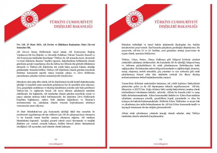 Dışişleri Bakanlığı'ndan AB Zirvesi'nin Türkiye raporu hakkında açıklama