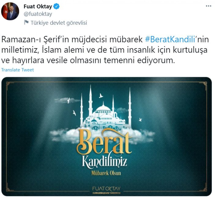 Fuat Oktay'dan Berat Kandili mesajı