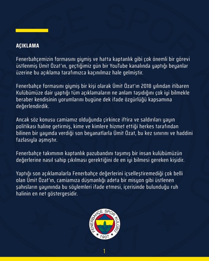 Fenerbahçe'den Ümit Özat'a sert tepki