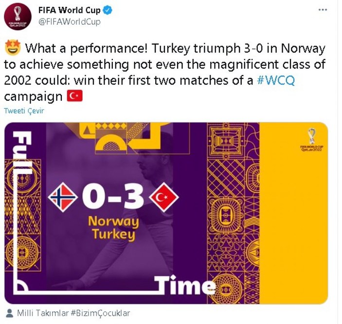 FIFA'dan Türkiye'ye kutlama