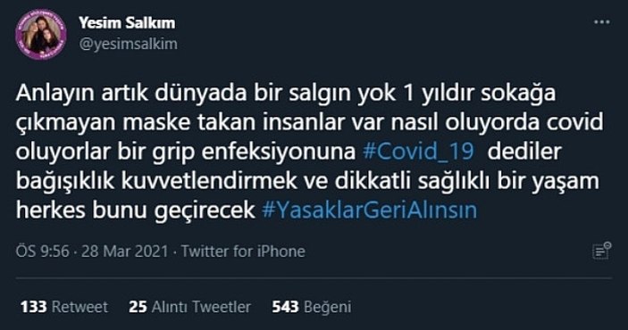 Yeşim Salkım, koronavirüse inanmıyor