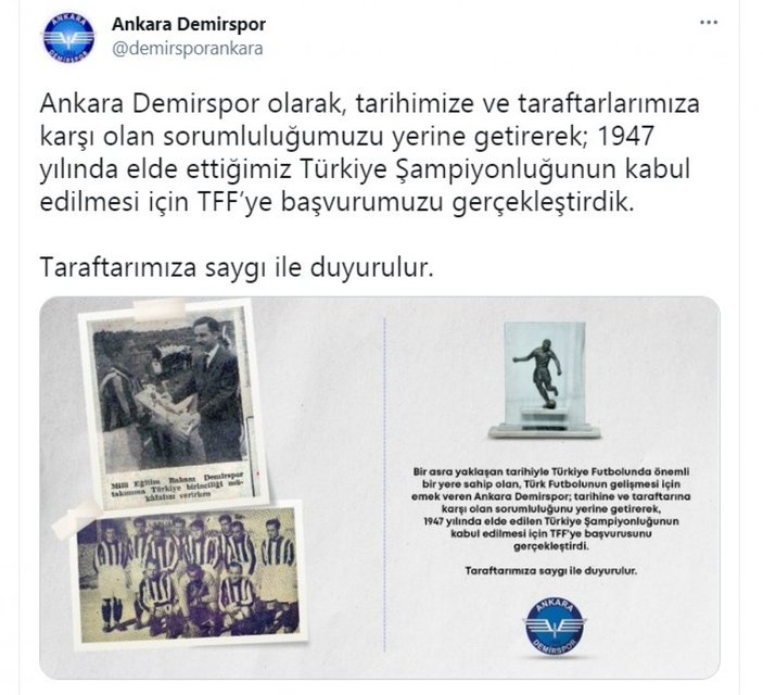 Ankara Demirspor'dan TFF'ye şampiyonluk başvurusu