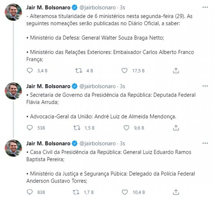Brezilya Devlet Başkanı Bolsonaro, kabinesindeki 6 değişikliği açıkladı