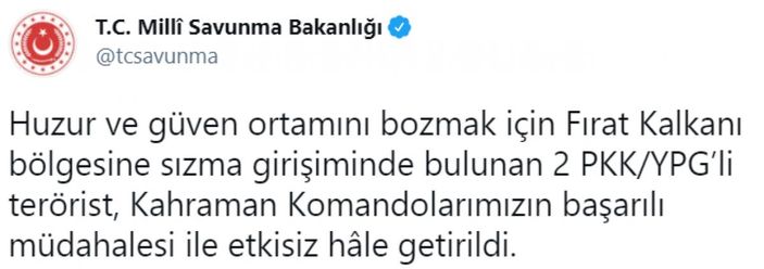 Fırat Kalkanı bölgesinde 2 PKK'lı öldürüldü