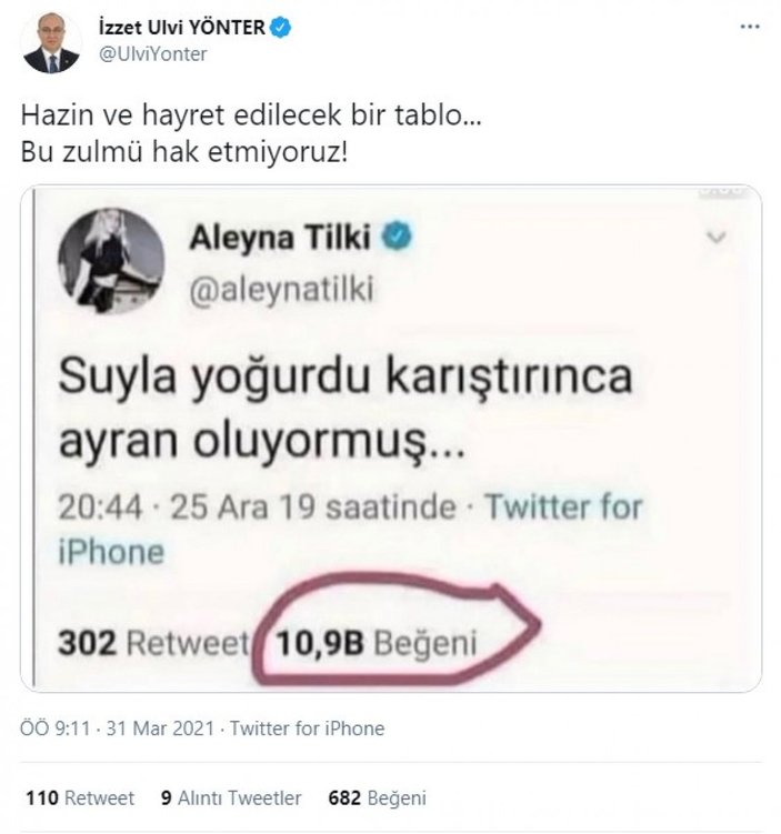 MHP'li İzzet Ulvi Yönter’den Aleyna Tilki'nin tweet'ine tepki