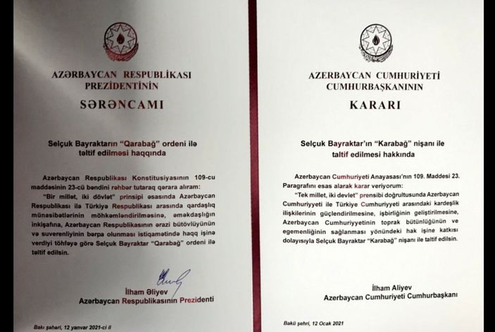 İlham Aliyev, Selçuk Bayraktar'a madalya taktı