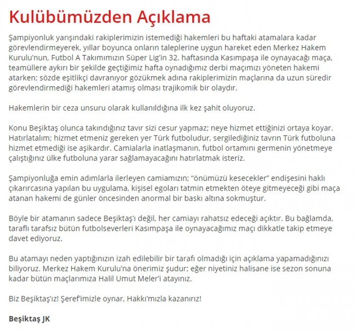 Beşiktaş: Bütün maçlarımıza Halil Umut Meler'i atayın