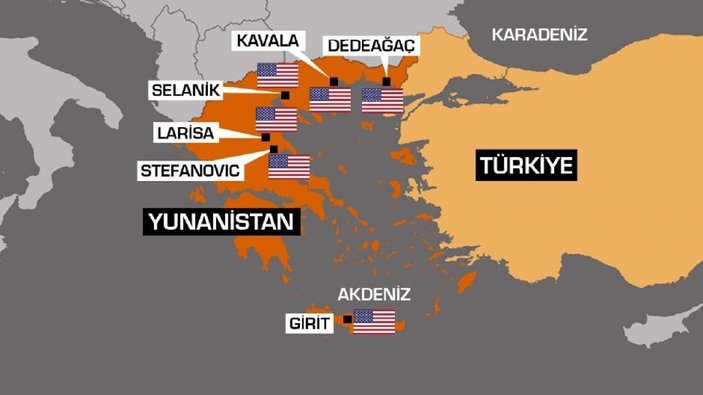 Yunanistan'daki Amerikan üslerini gösteren harita
