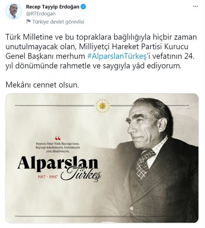 Cumhurbaşkanı Erdoğan'dan Alparslan Türkeş paylaşımı