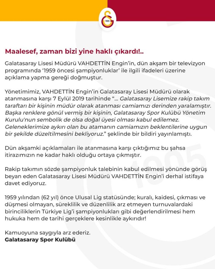 Galatasaray, Vahdettin Engin'i istifaya çağırdı