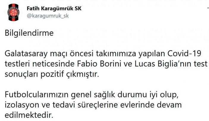 Fatih Karagümrük'te 2 futbolcunun testi pozitif