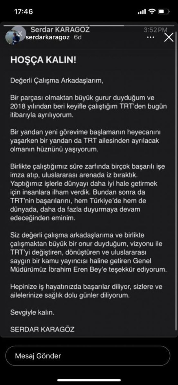 Serdar Karagöz, TRT'ye veda etti
