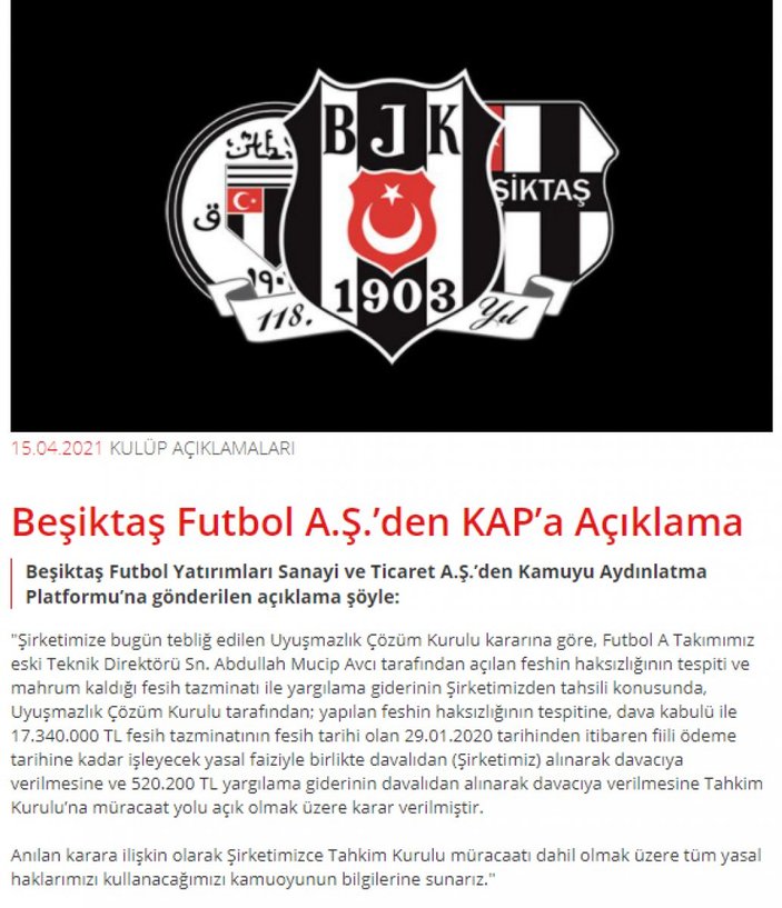 Beşiktaş'tan Abdullah Avcı'nın sözleşme feshine dair açıklama