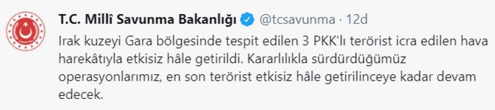 Gara bölgesinde 3 PKK'lı terörist öldürüldü