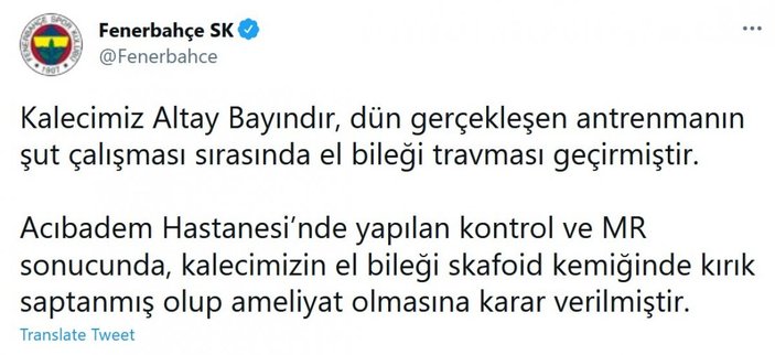Fenerbahçe'de Altay Bayındır sakatlandı