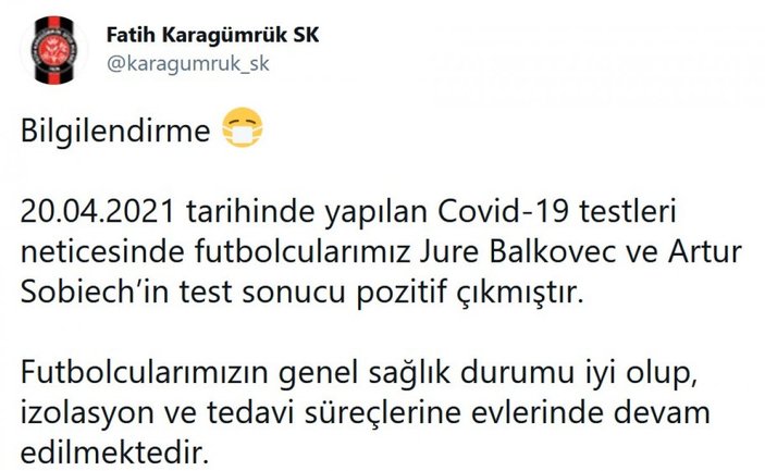 Fatih Karagümrük'te 2 futbolcunun testi pozitif