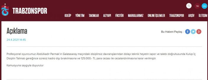 Trabzonspor, Abdülkadir Parmak'a ceza verdiğini açıkladı