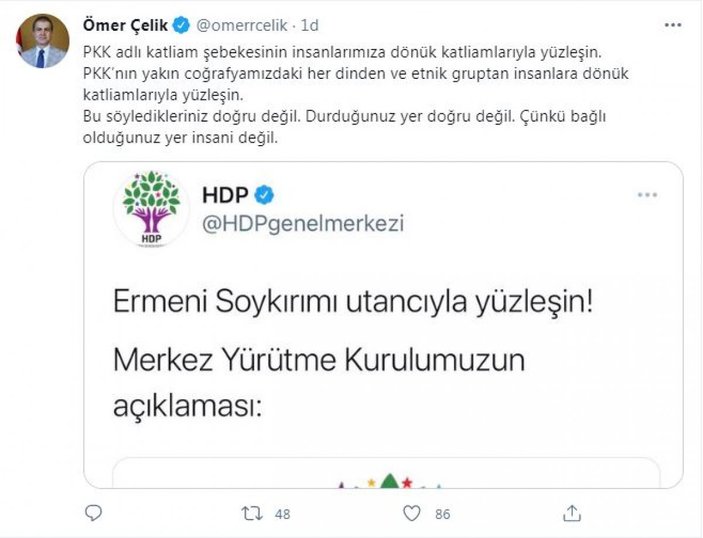 Ömer Çelik'ten HDP'ye tepki: PKK'nın katliamlarıyla yüzleşin