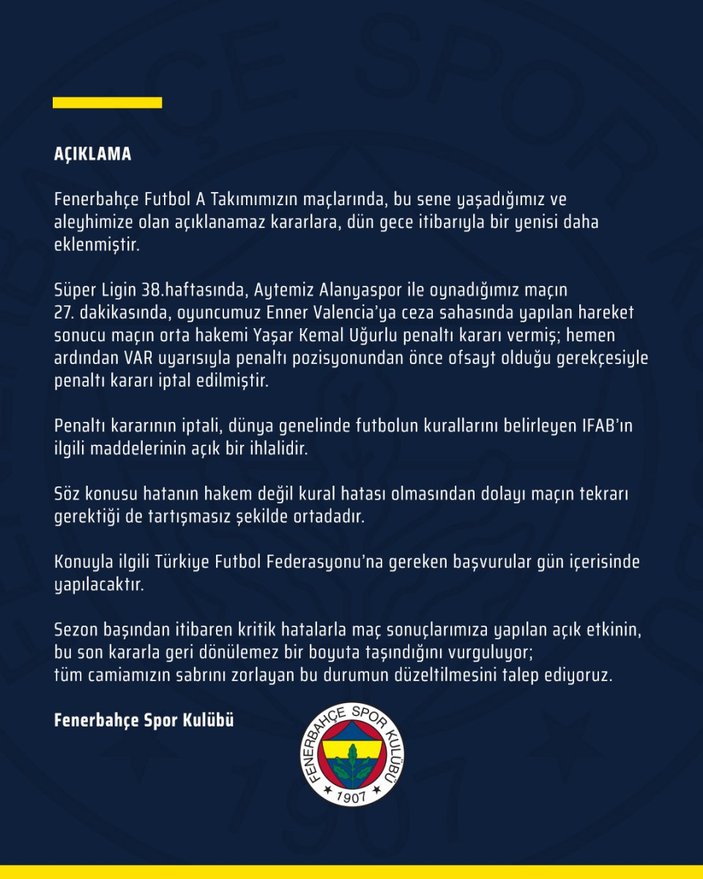 Fenerbahçe'den kural hatası açıklaması