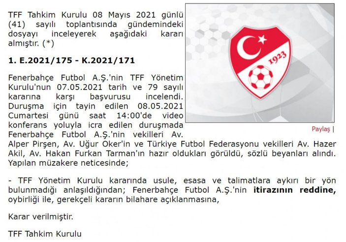 Tahkim Kurulu'ndan Fenerbahçe'ye ret