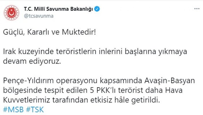 Pençe Yıldırım operasyonunda 5 PKK'lı öldürüldü