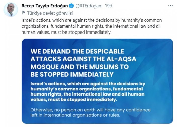 Cumhurbaşkanı Erdoğan'dan İsrail saldırılarına ilişkin İngilizce paylaşım