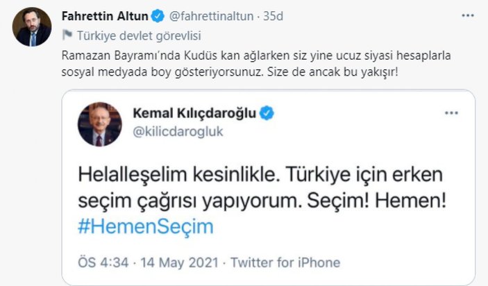 Kılıçdaroğlu'na yanıt verdi