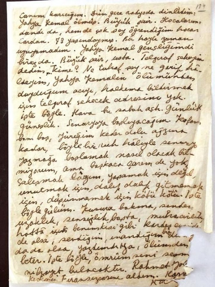 Nazım Hikmet'in Yahya Kemal'in ölümü üzerine yazdığı mektup