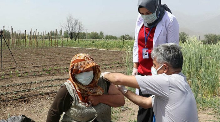 Erzincanlı çiftçi aile çapa yaptıkları tarlada aşılandı