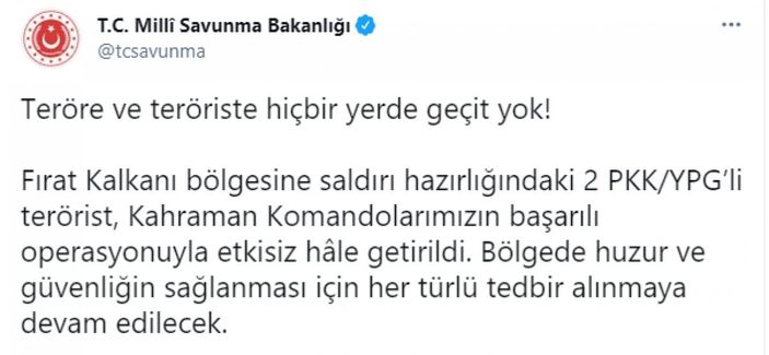 Fırat Kalkanı bölgesinde 2 PKK/YPG'li terörist etkisiz hale getirildi