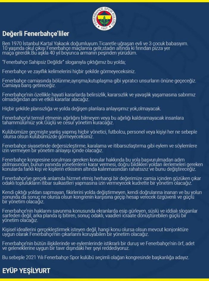 Fenerbahçe’de Eyüp Yeşilyurt başkan adaylığını duyurdu