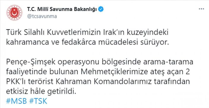 Pençe-Şimşek Operasyonu bölgesinde 2 PKK'lı terörist etkisiz hale getirildi