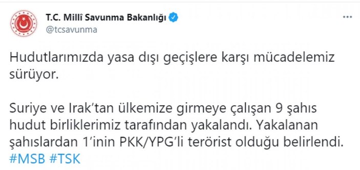 MSB: Suriye ve Irak'tan ülkeye girmeye çalışan 9 kişi yakalandı