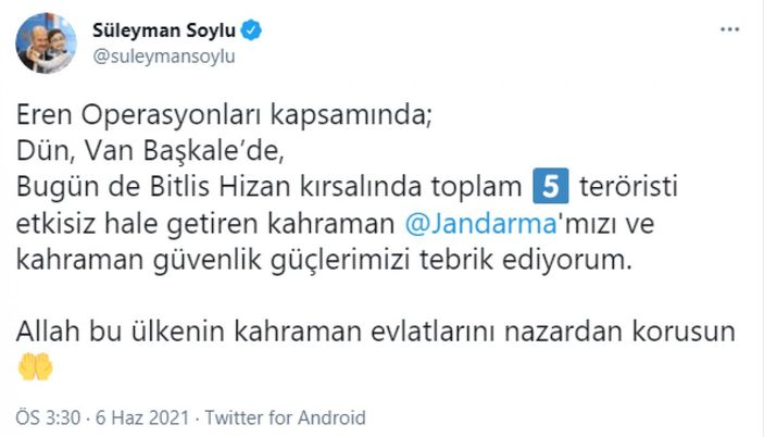 Süleyman Soylu: Eren Operasyonları'nda 2 günde 5 terörist etkisiz hale getirildi