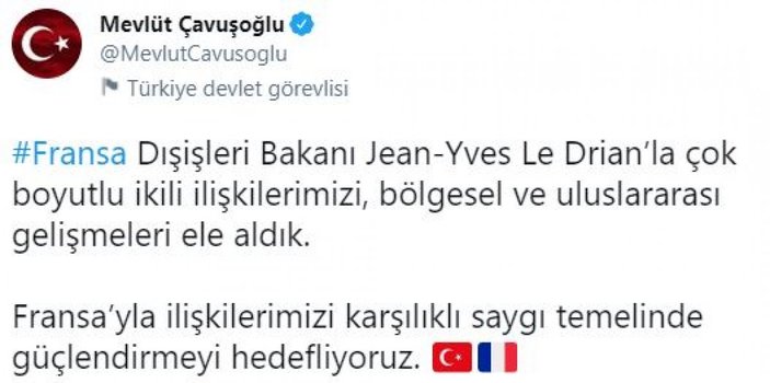 Mevlüt Çavuşoğlu, Fransız mevkidaşı Le Drian ile görüştü